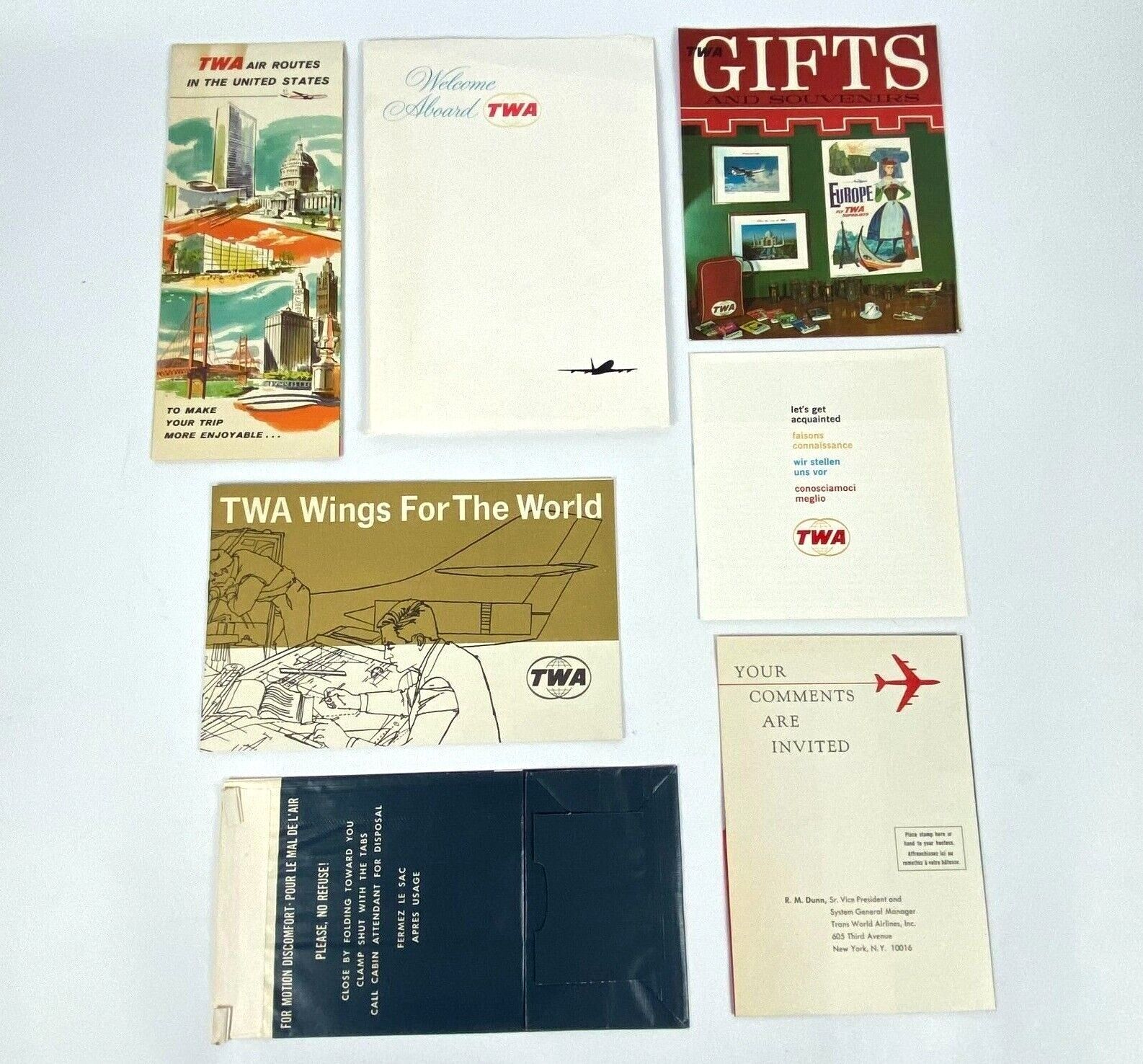 1956 TWA Airlines Passenger Seat Welcome Packet Routes Map Brochure Comment Card