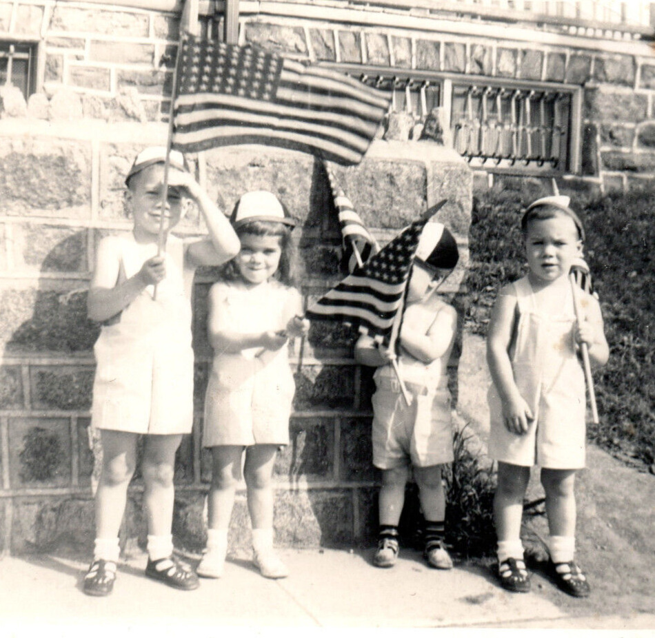 WWII Era Children American Flags Beanie Hats Patriotic Parade Snapshot Photo