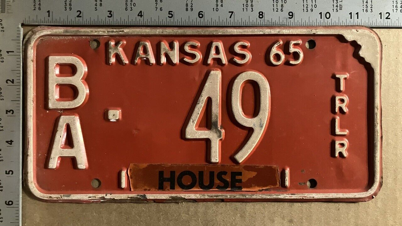 1965 Kansas house trailer license plate BA 49 YOM DMV Barber RV motor home 11445