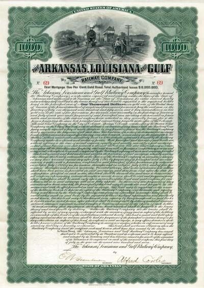 Arkansas, Louisiana and Gulf Railway - $1,000 Gold Bond (Uncanceled) - Railroad 