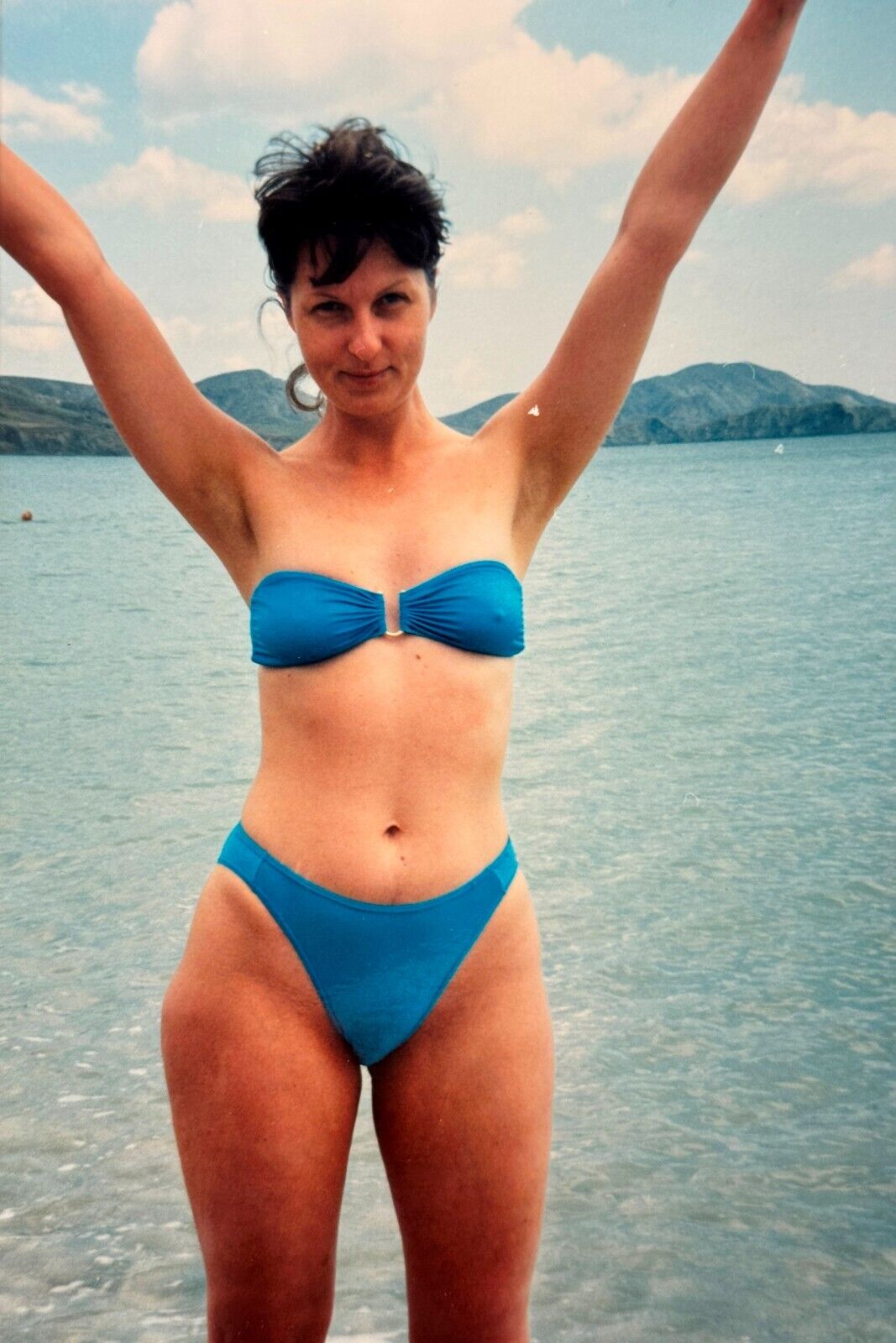 2009 Beach Young Curvy Brunette Woman Armpits Bikini Posing on Sea Vintage Photo