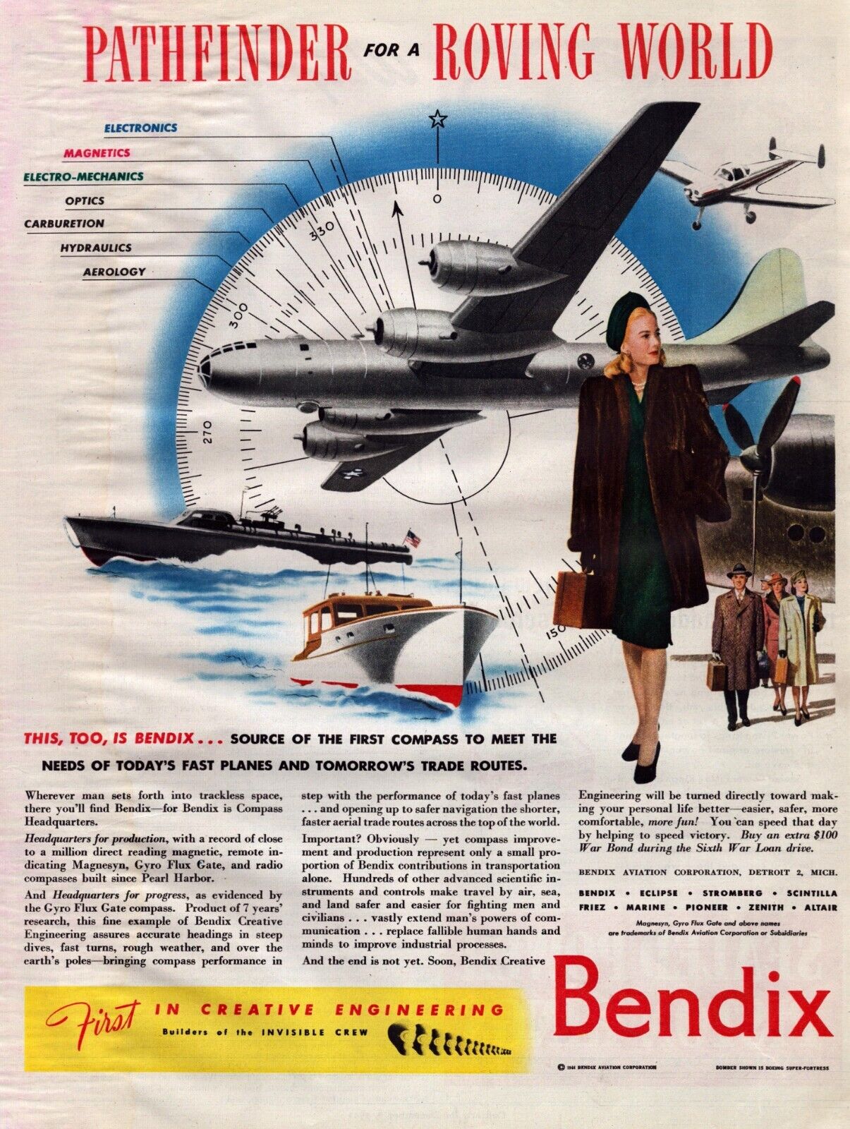 1944 Bendix Aviation Corp Print Ad WWII Compass Pathfinder For A Roving World