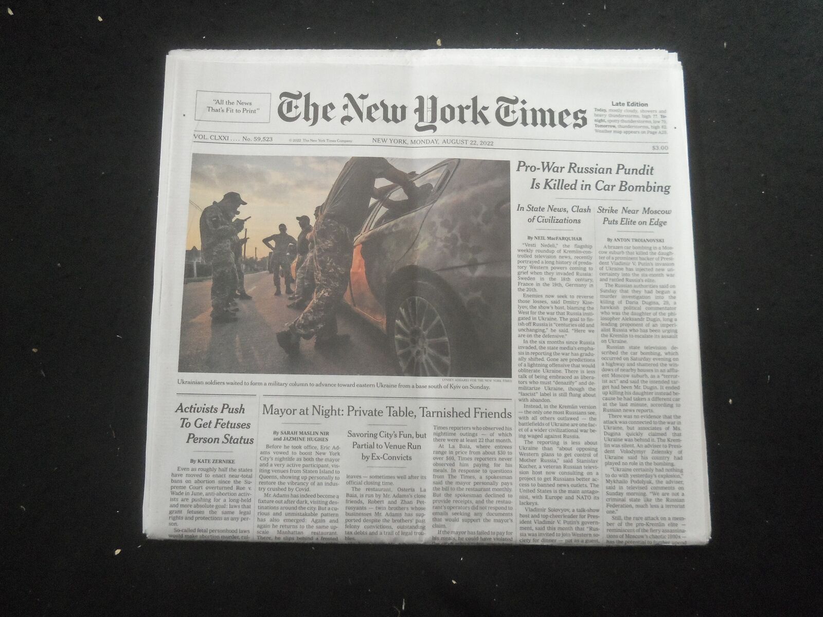 2022 AUGUST 22 NEW YORK TIMES - PRO-WAR RUSSIAN PUNDIT IS KILLED IN CAR BOMBING