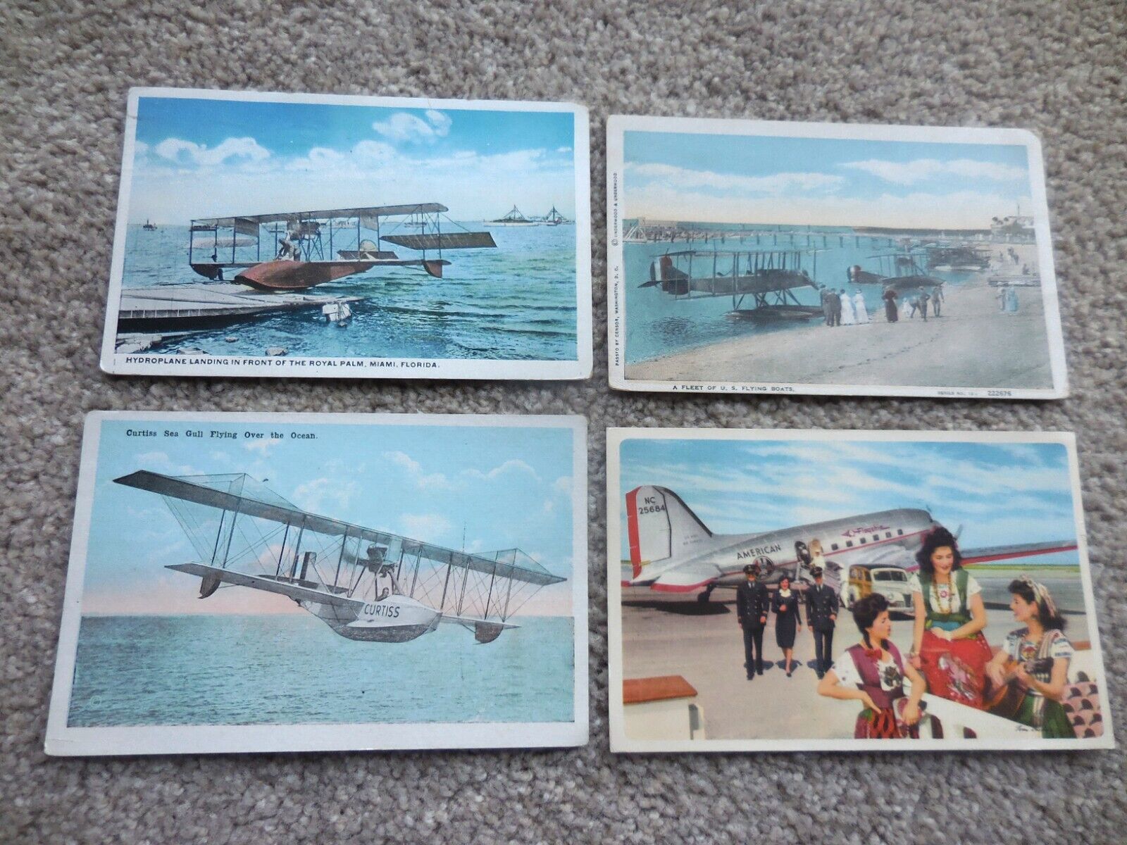 FOUR Early Aircraft, Airplane Color Postcards