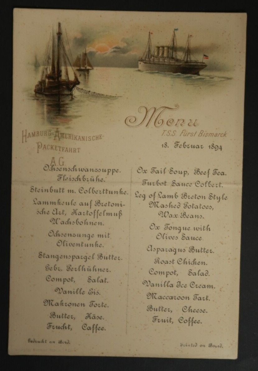 TSS Prince Bismarck 1894 Ocean Liner VTG Ship Menu Hamburg American Trip Berlin