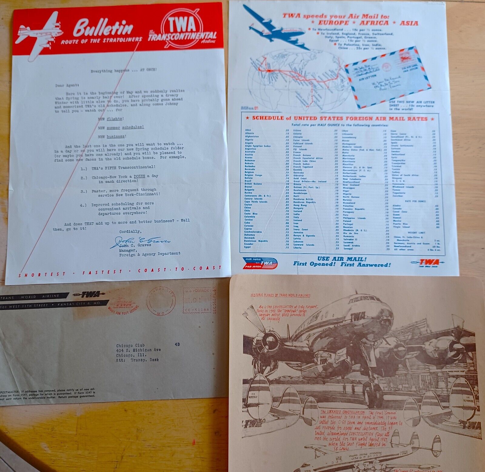 TWA Lockheed Constellation & STRATOLINER 1940\'s Air Mail & Schedule Bulletins