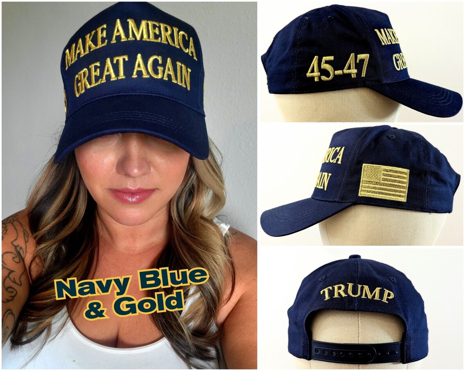 Navy Blue & Gold Official Trump 45-47 Make America Great Again 2024 MAGA Hat