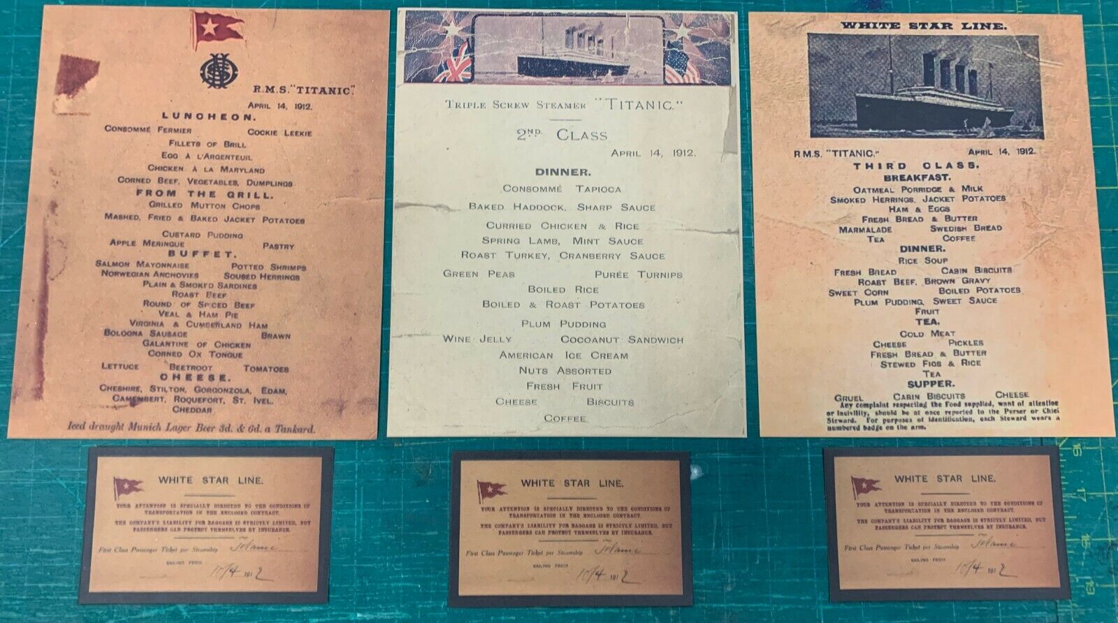 titanic 1st - 2nd and 3rd class menus and 3 boarding passes On Night Of Sinking 