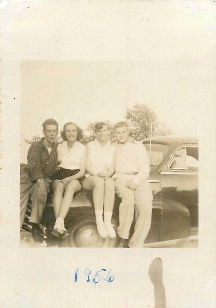 Snapshot B/W Photo 1956 Teenagers on Hood of Old Car 1940's Car 1950's