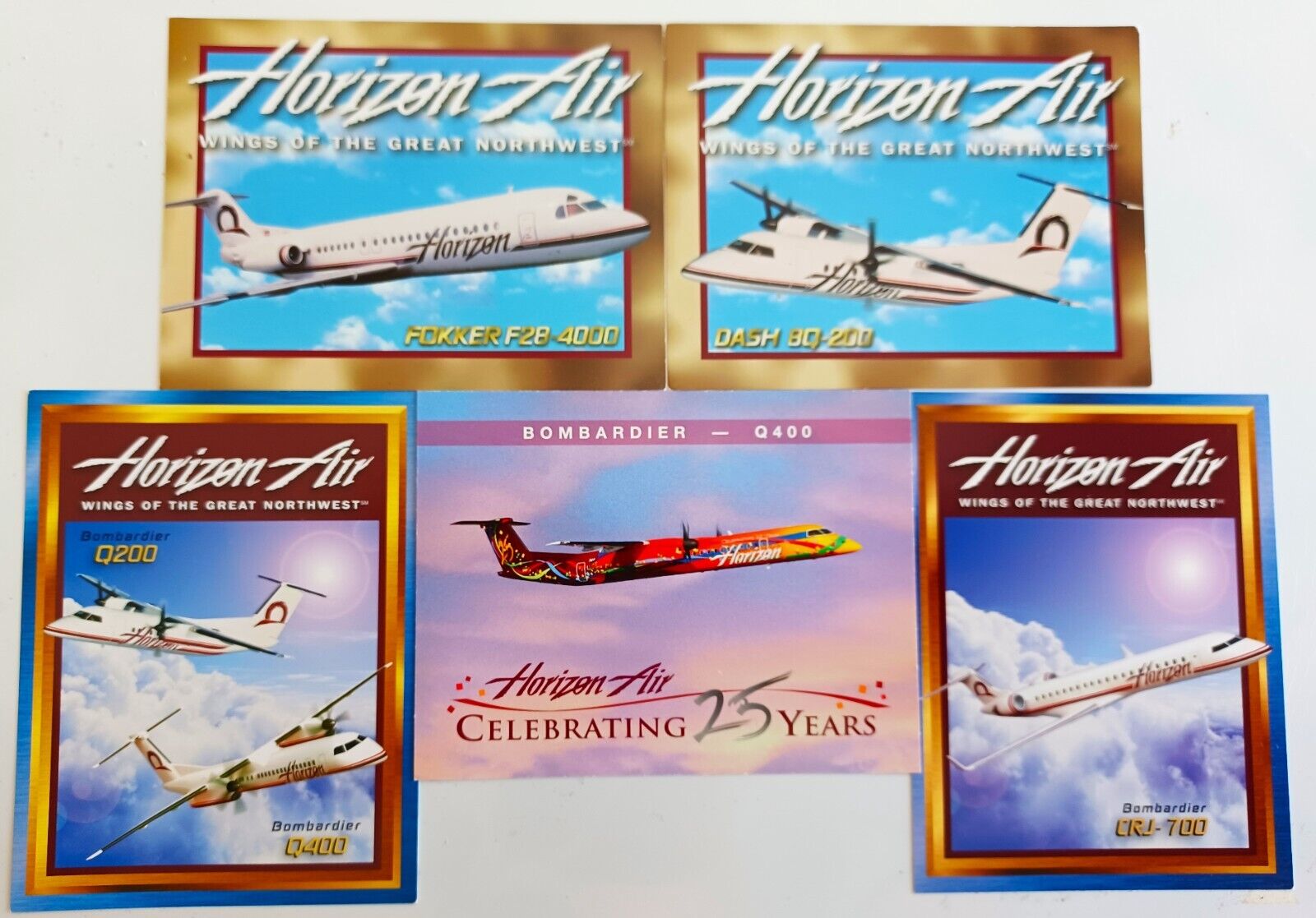 Horizon Air Trade Cards, 5 Types FOKKER F28 DASH 8Q Q400 CRJ700 Q200