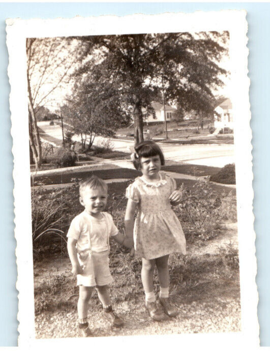 Vintage Photo 1930s, Boy Girl Standing Posed, Front Yard, 3.5 x 2.5