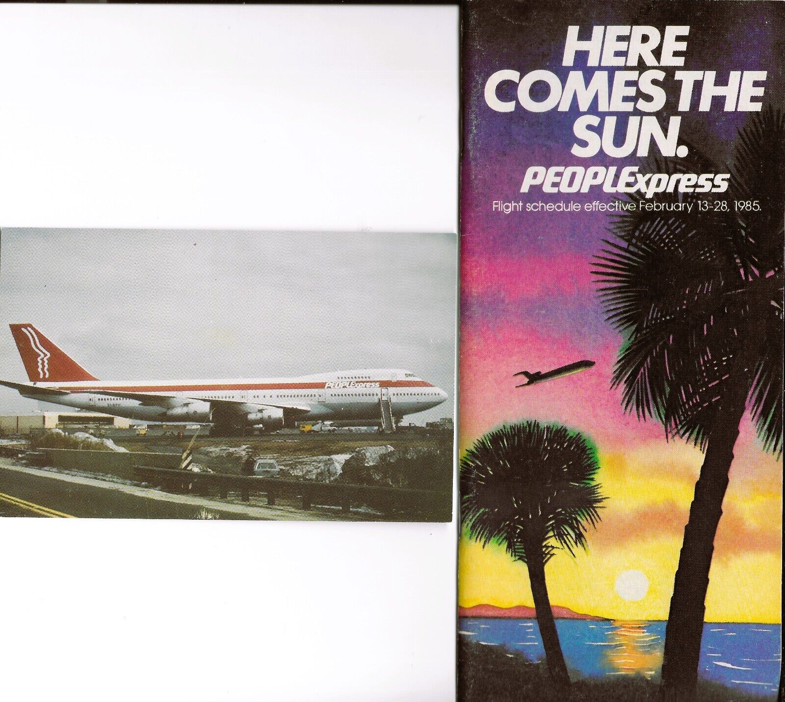 PEOPLExpress System Timetable Feb 13, 1985 with Route Map + a 747 Postcard
