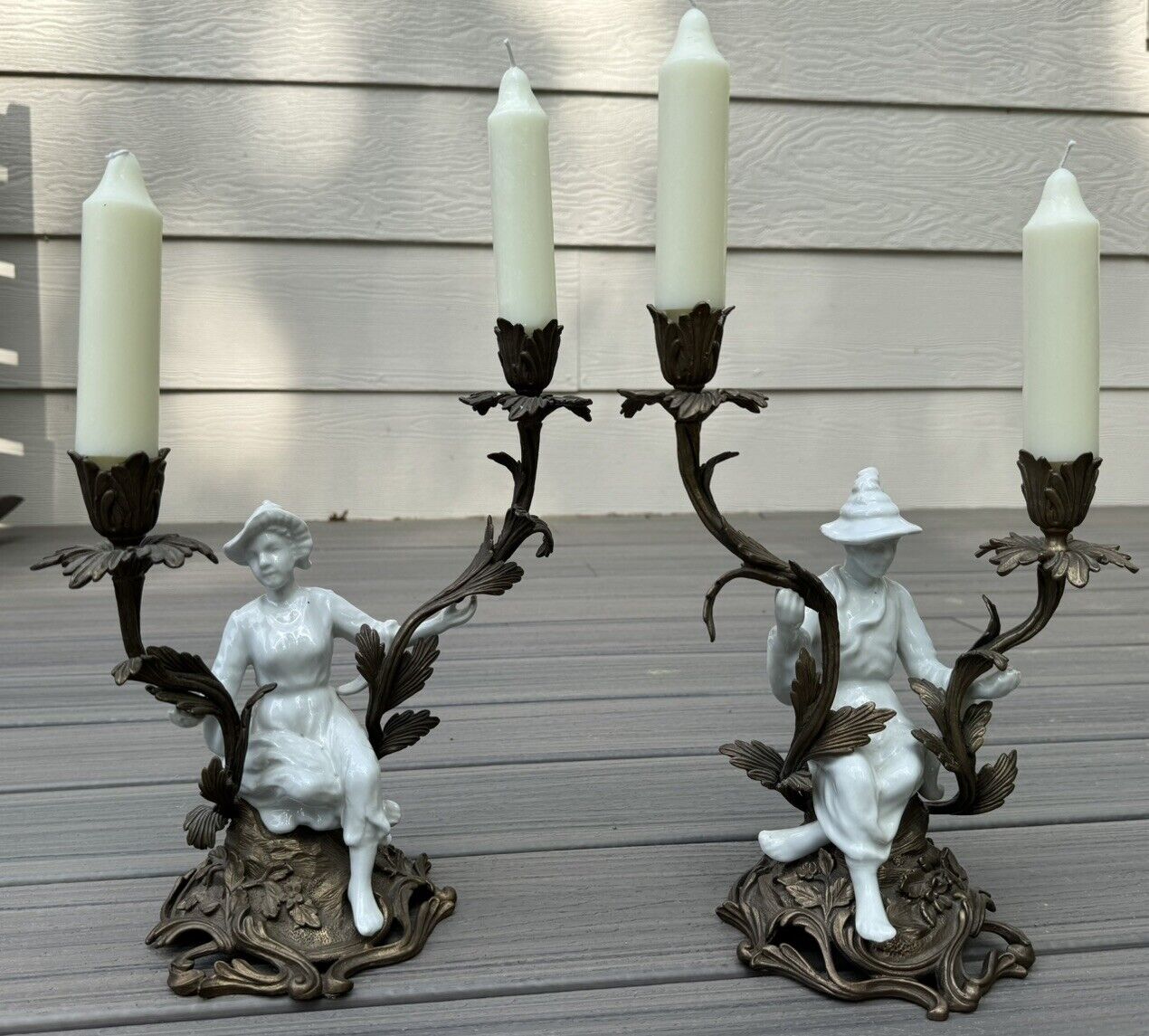 Oriental Chinoiserie Pair Of Porcelain Figural Ormolu Candelabra Candle Holders