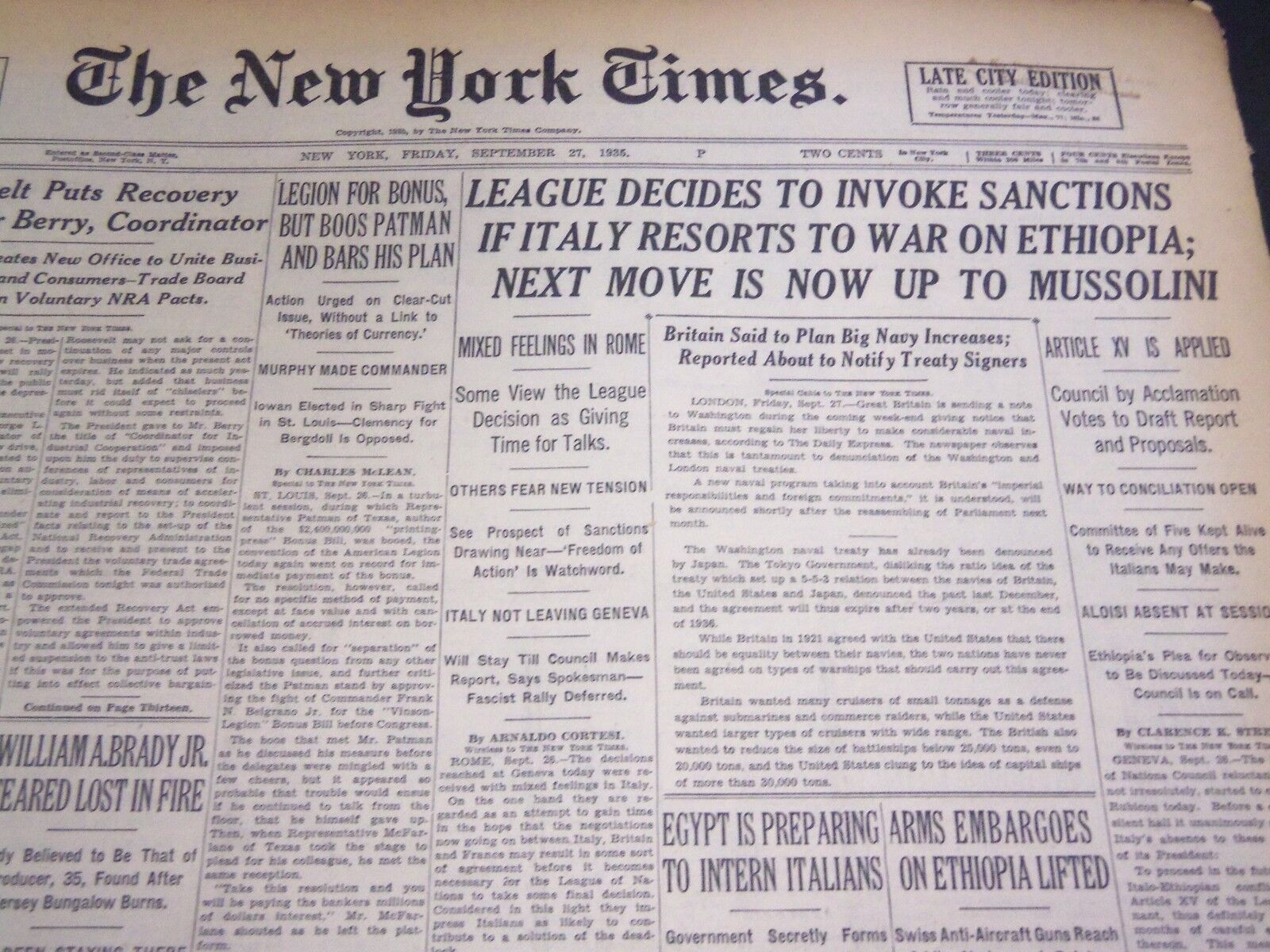 1935 SEPT 27 NEW YORK TIMES - LEAGUE TO INVOKE SANCTIONS ON ITALY - NT 4908