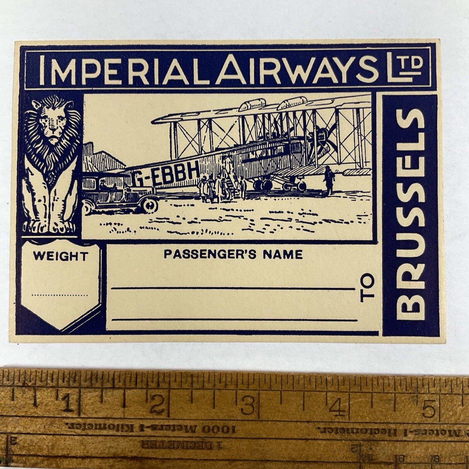 Imperial Airways Ltd to Brussels Luggage Label Tag Early Aviation Label c 1920s