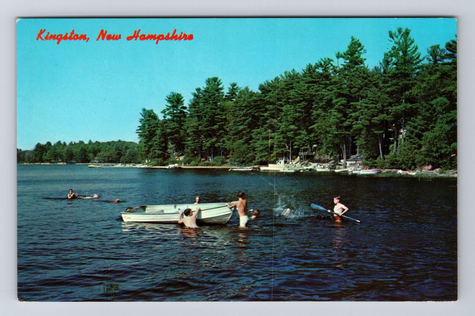 Kingston NH-New Hampshire Lake Fun Swimming Rowboat Vintage Souvenir Postcard