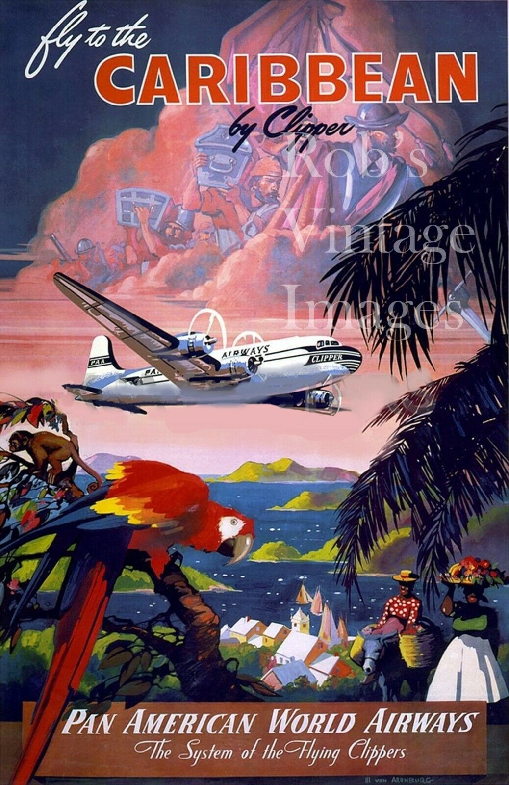 Pan Am Clipper Flying Boat Airplane Travel Poster  Pan American Caribbean 13 x19