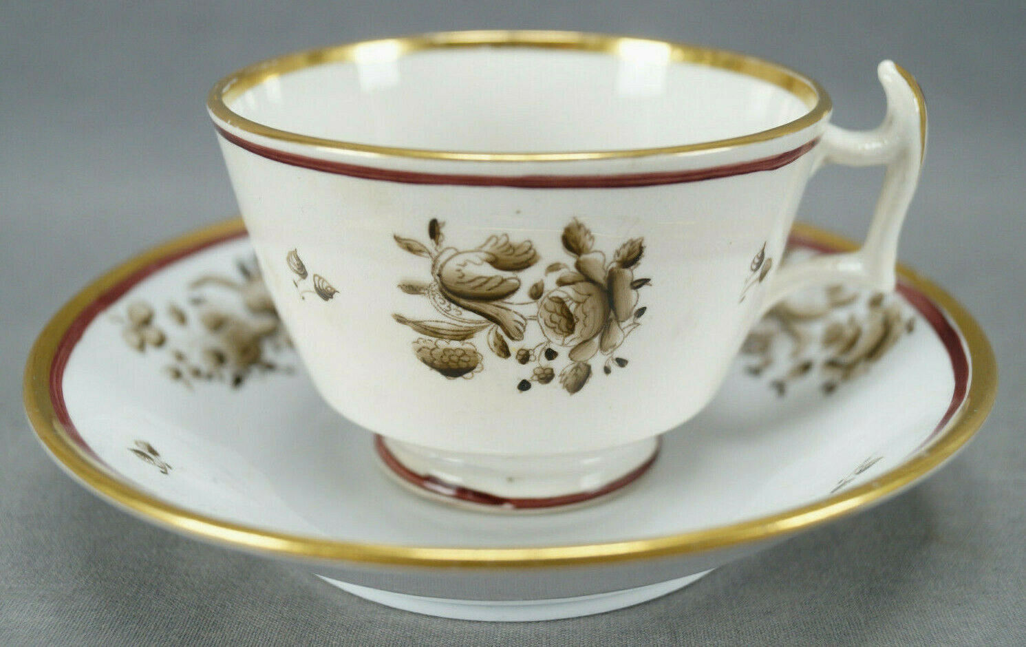 British Hand Painted Black Rose Maroon & Gold Tea Cup & Saucer C.1815-1825 C