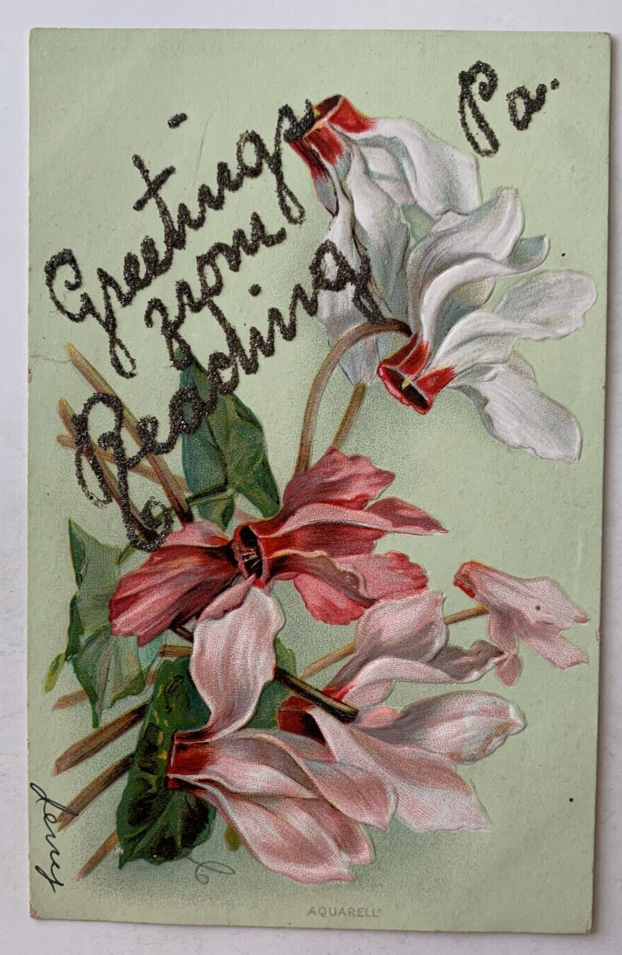c 1900s Pennsylvania Postcard Greetings from Reading PA glitter flowers Aquarell
