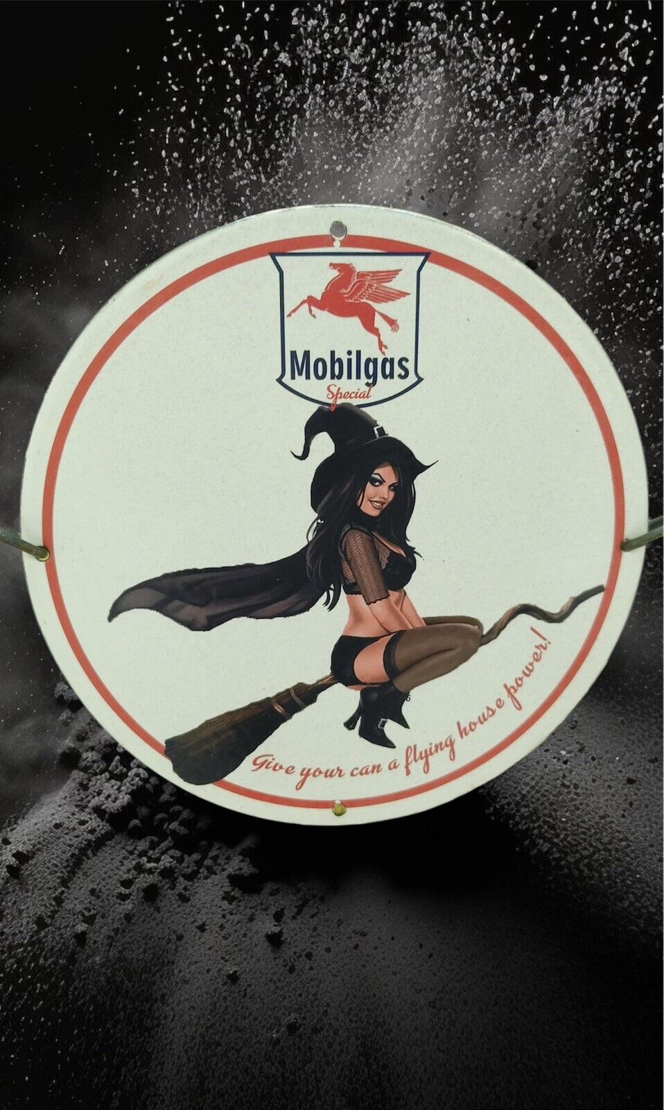 MOBILOIL SPECIAL PINUP WITCH BABE PORCELAIN GAS OIL SERVICE PUMP PLATE AD SIGN