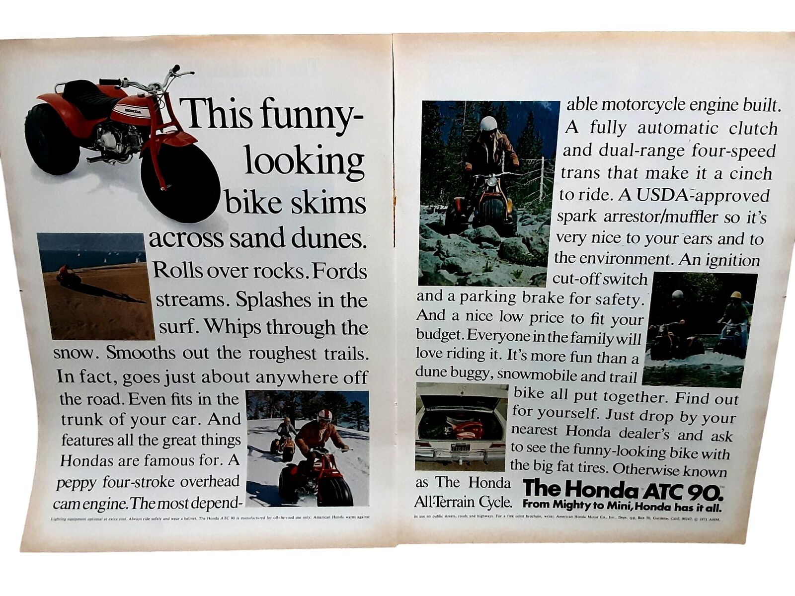 1971 Honda ATC 90 All Terrain Cycle 2 Page Original Print Ad vintage