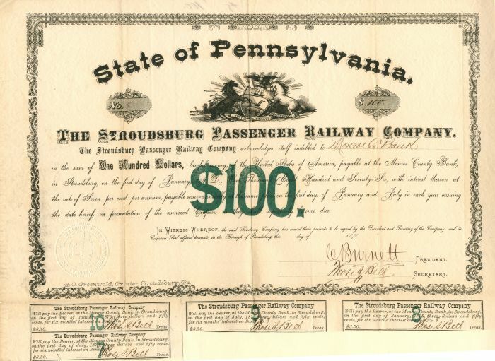 Stroudsburg Passenger Railway Co. - $100 Bond - Railroad Bonds