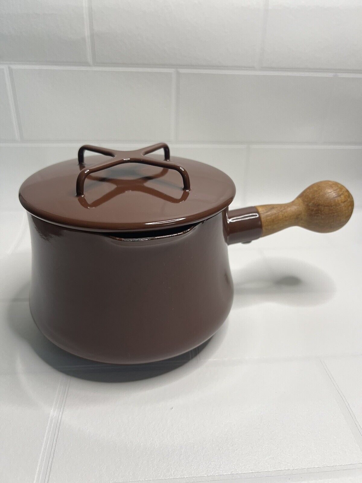 DANSK Kobenstyle Brown Enamel Sauce Pan Pot Wooden Handle Made in France w/ Lid