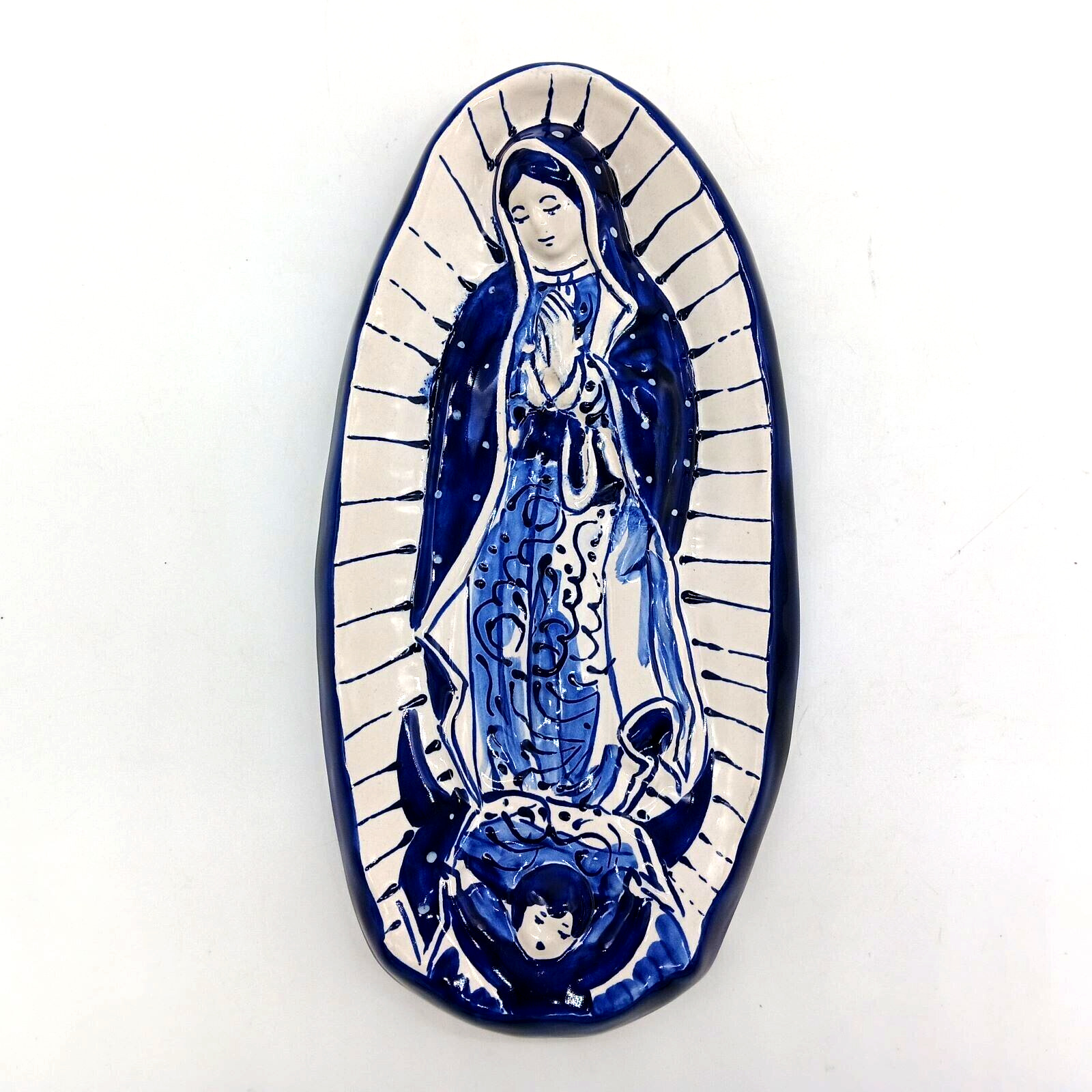Talavera Pottery Wall Plaque Virgin of Guadalupe Blue Ceramic Santo Art Large 14
