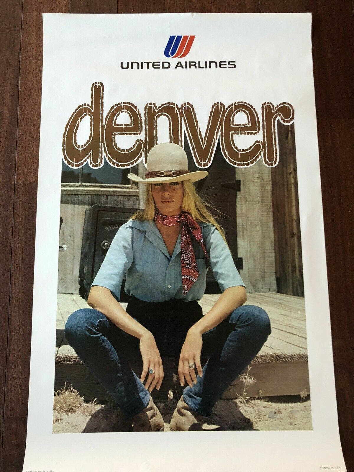 Original Vtg. 1975 United Airlines Denver Colorado Travel Poster Cowgirl Rodeo