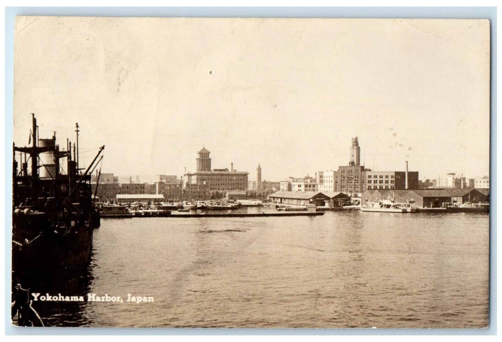 Kanagawa Japan RPPC Photo Postcard Yokohama Harbor River View c1920\'s