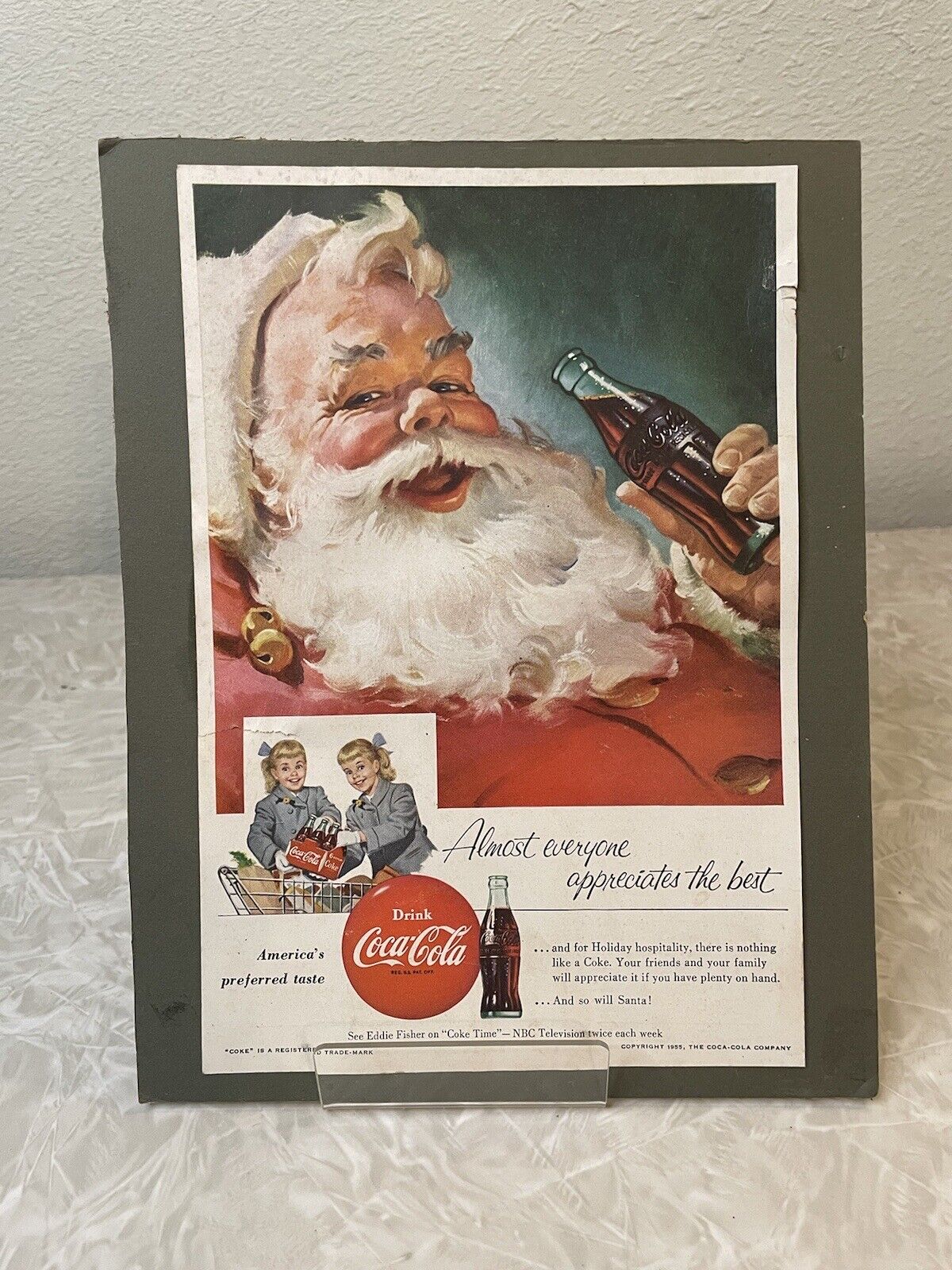 Coca-Cola Vtg 1955 Santa Claus Mounted Print Ad Christmas Eddie Fisher Nat'l Geo
