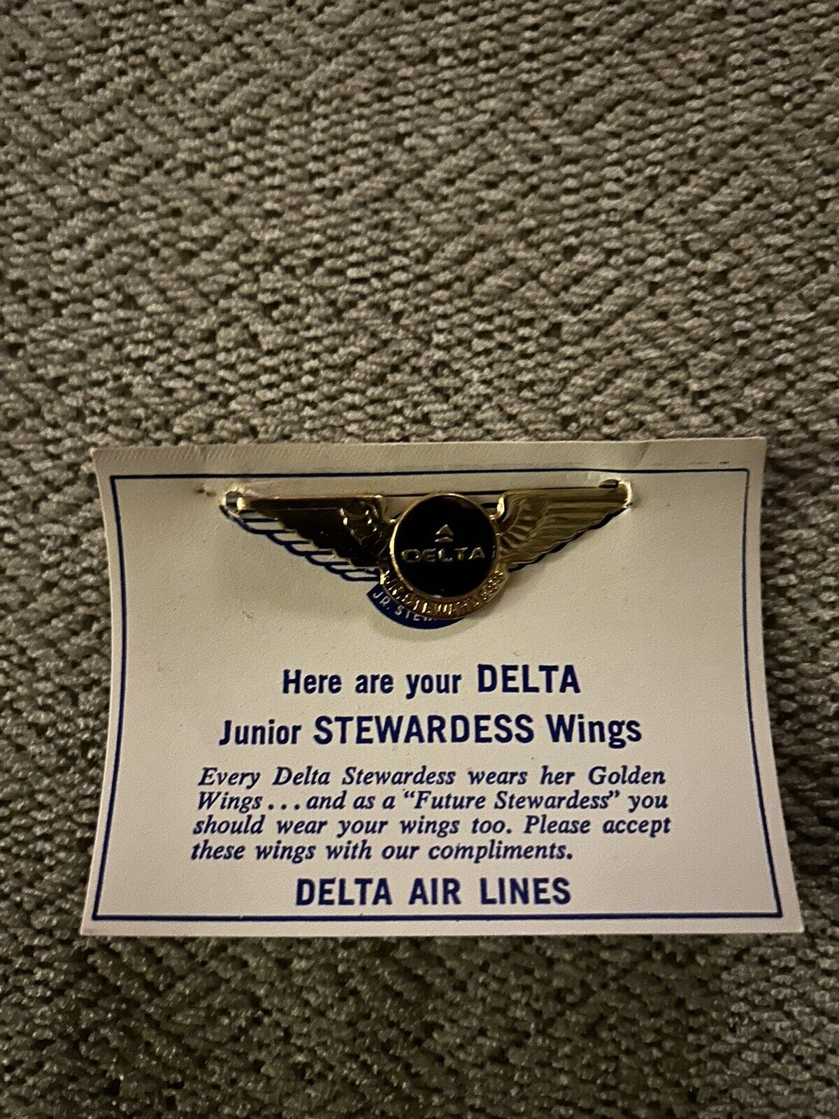 Vintage Delta Air Lines Junior Stewardess Wings Pin With Original Card