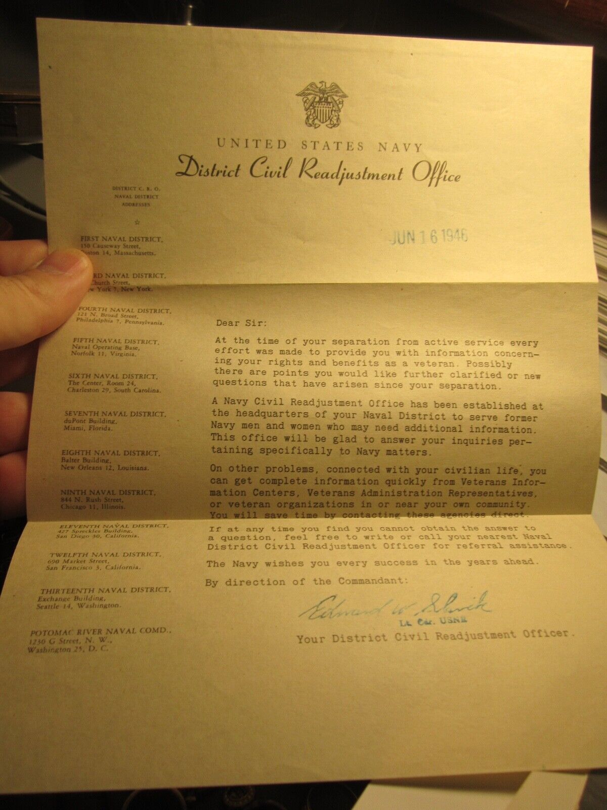 1946 UNITED STATES NAVY DISTRICT CIVIL READJUSTMENT OFFICE LETTER SIGNED BBA