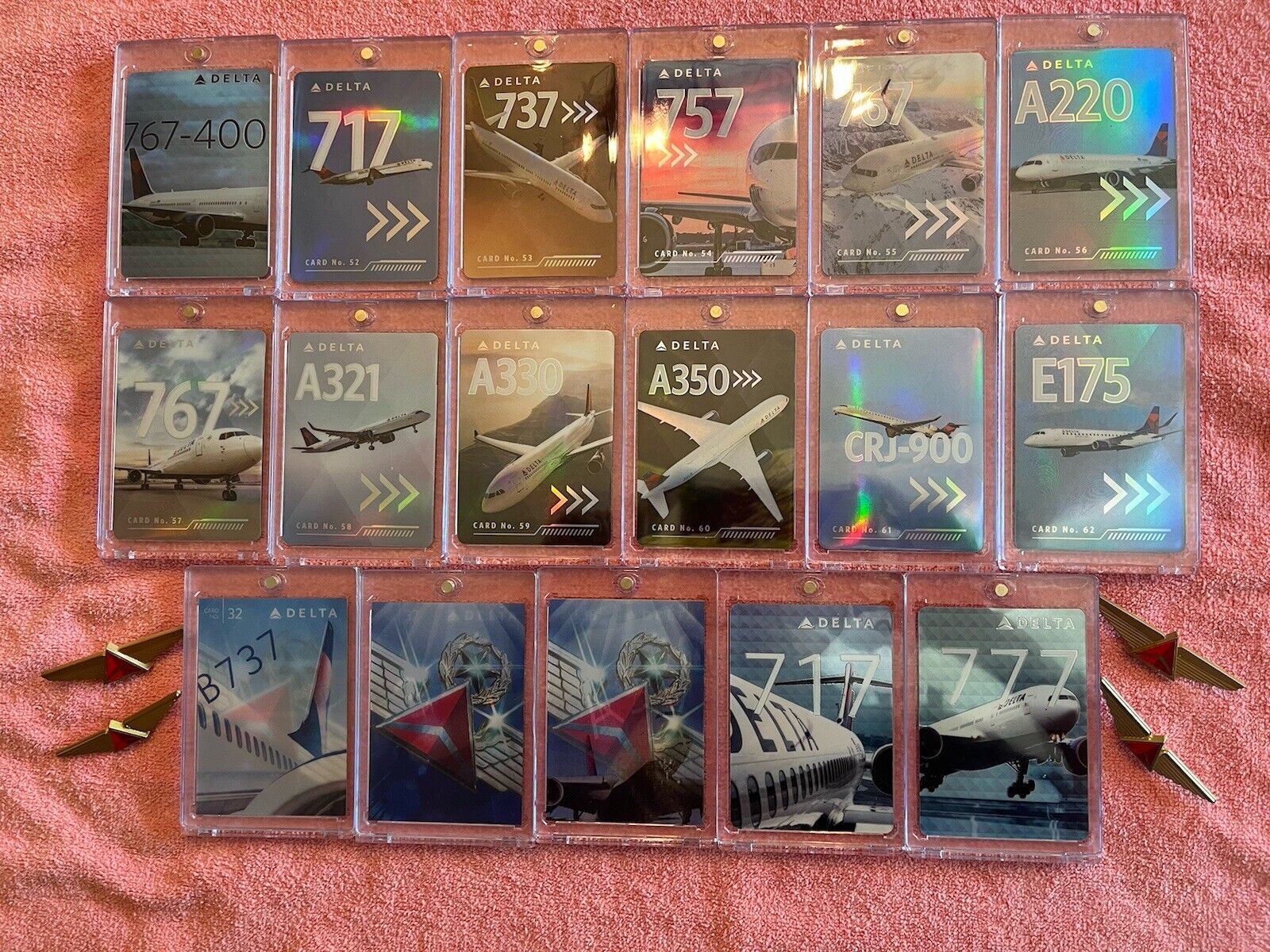 17 Delta Airlines Collectible Pilot Cards Set - 3 Holographic Cards + 4 Wings