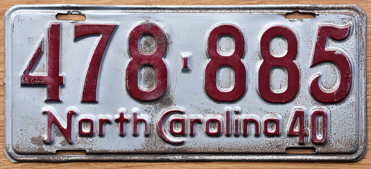 1940 North Carolina License Plate · Maroon and silver original paint