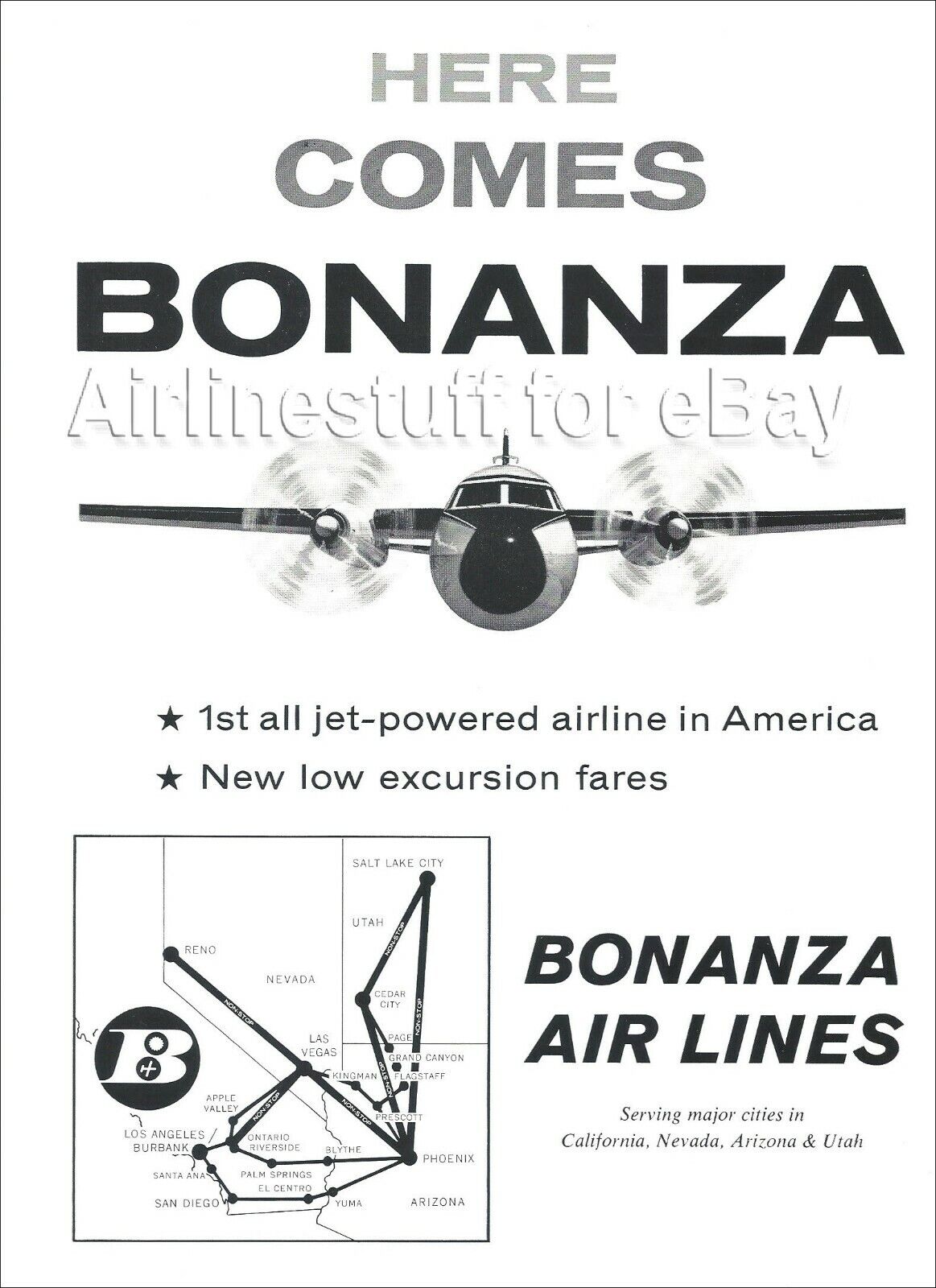 1961 BONANZA AIR LINES Fairchild F27A Silver Dart PRINT AD advert PHX LAS RNO LA
