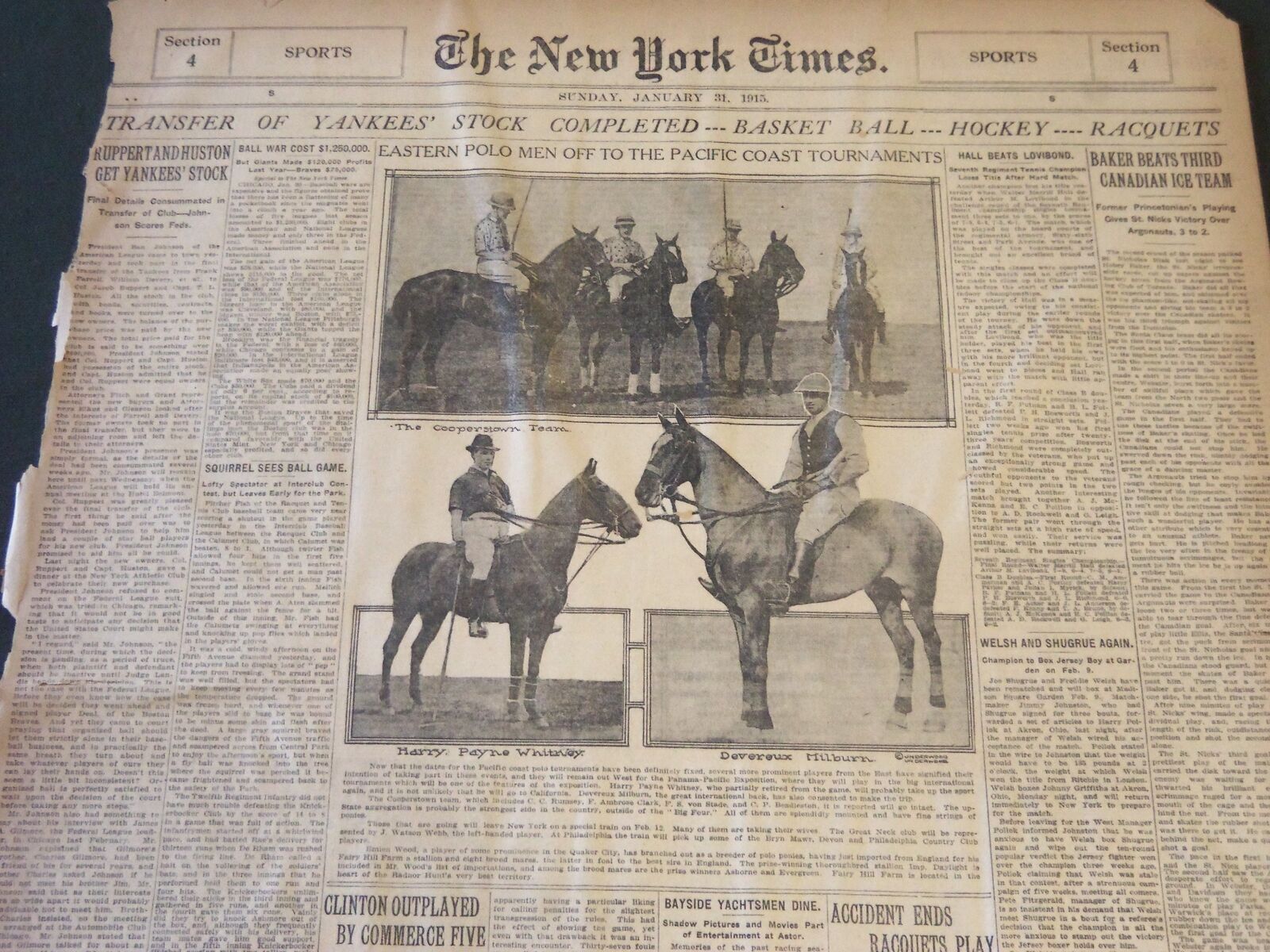 1915 JANUARY 31 NEW YORK TIMES - RUPPERT & HUSTON GET YANKEES STOCK - NT 6493