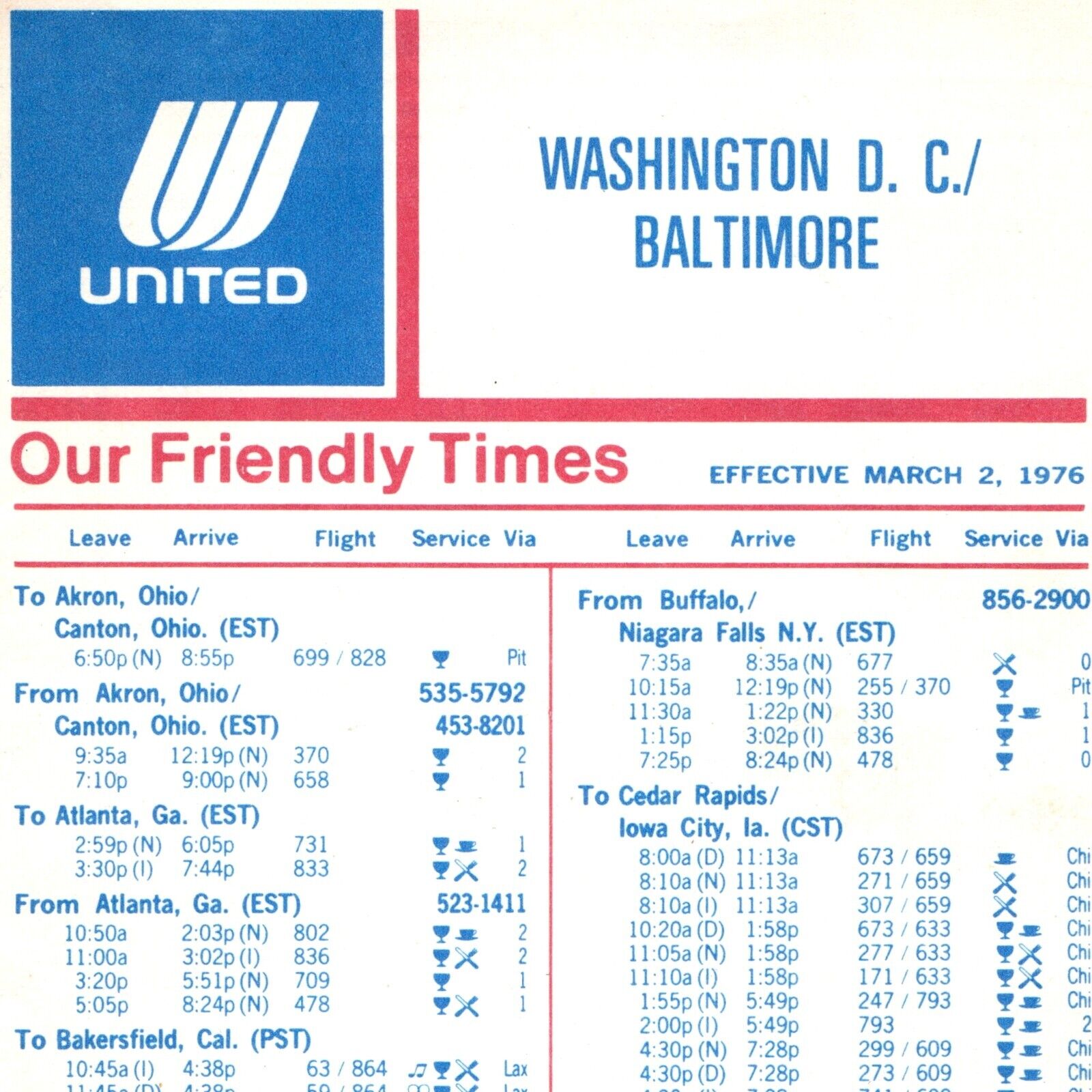 1976/3/2 United Airlines WASHINGTON DC Schedule 50th Anniversary 747 DC-10 4A