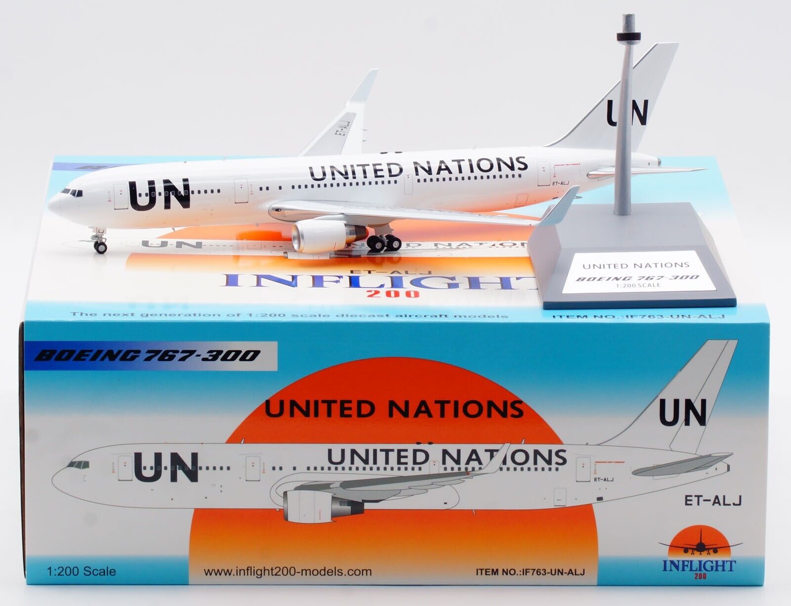 INFLIGHT 1:200 UNITED NATIONS Boeing B767-300ER Diecast Aircraft Model ET-ALJ