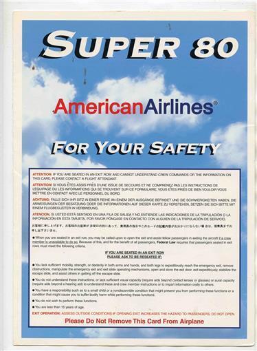 American Airlines Fokker F-100 Safety Card 11/97