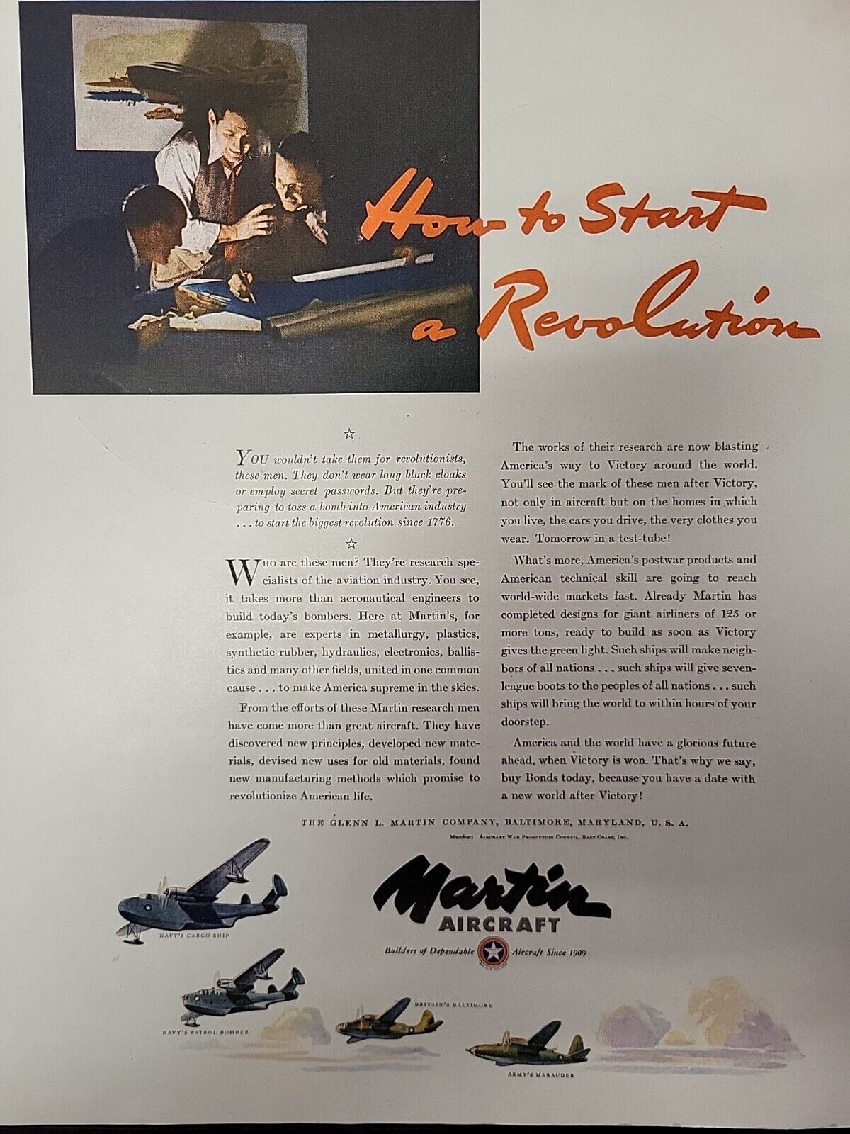 Martin Aircraft 1943 Fortune Magazine WW2 Print Advertising Revolution Color