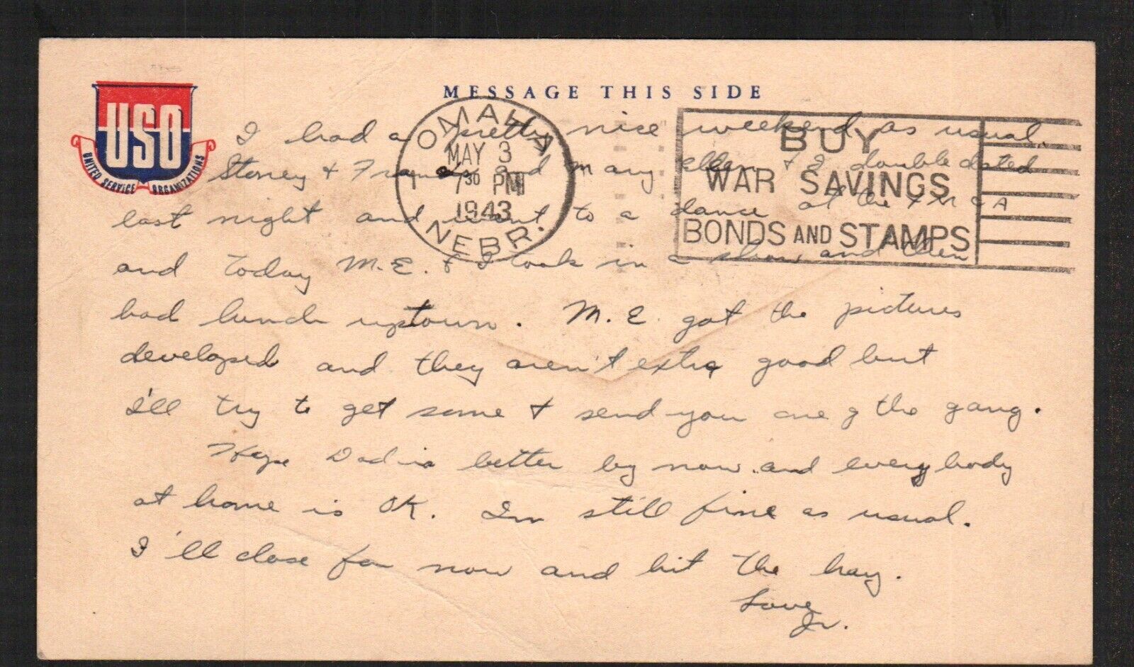 Old Postcard WWII USO Card Omaha Nebraska Postmark  1943 Post World War 2