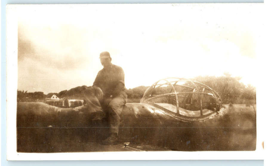 Vintage Photo 1945, US Army Soldier Posing on Crashed Japan Plane 2, 4.5x3