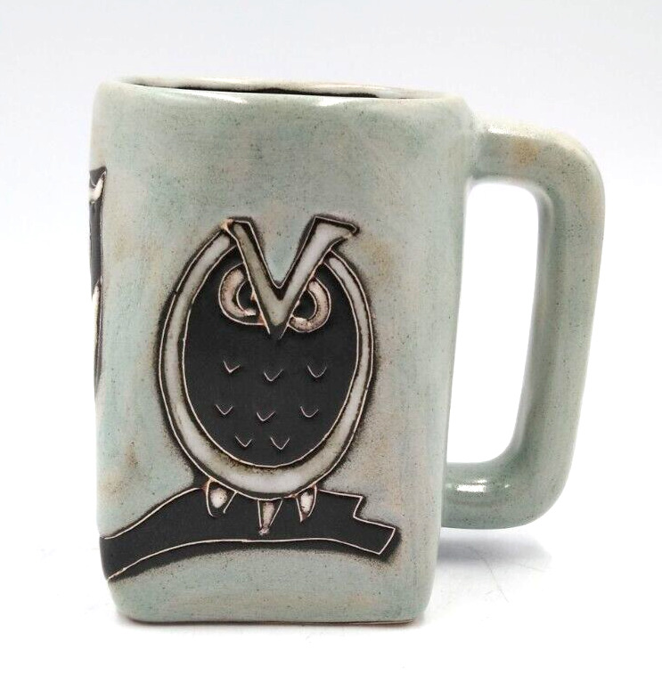 Mara B Mexico Stoneware Mug Art Folk Art Pottery Heavy Brown OWL Teal Heavy Mug