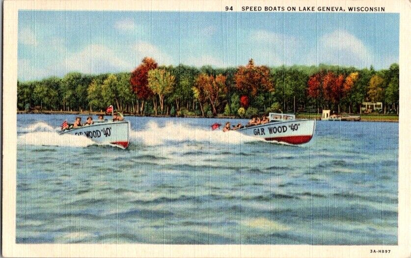 Vintage Postcard Garwood 40 Speedboats on Lake Geneva WI Wisconsin          B-57