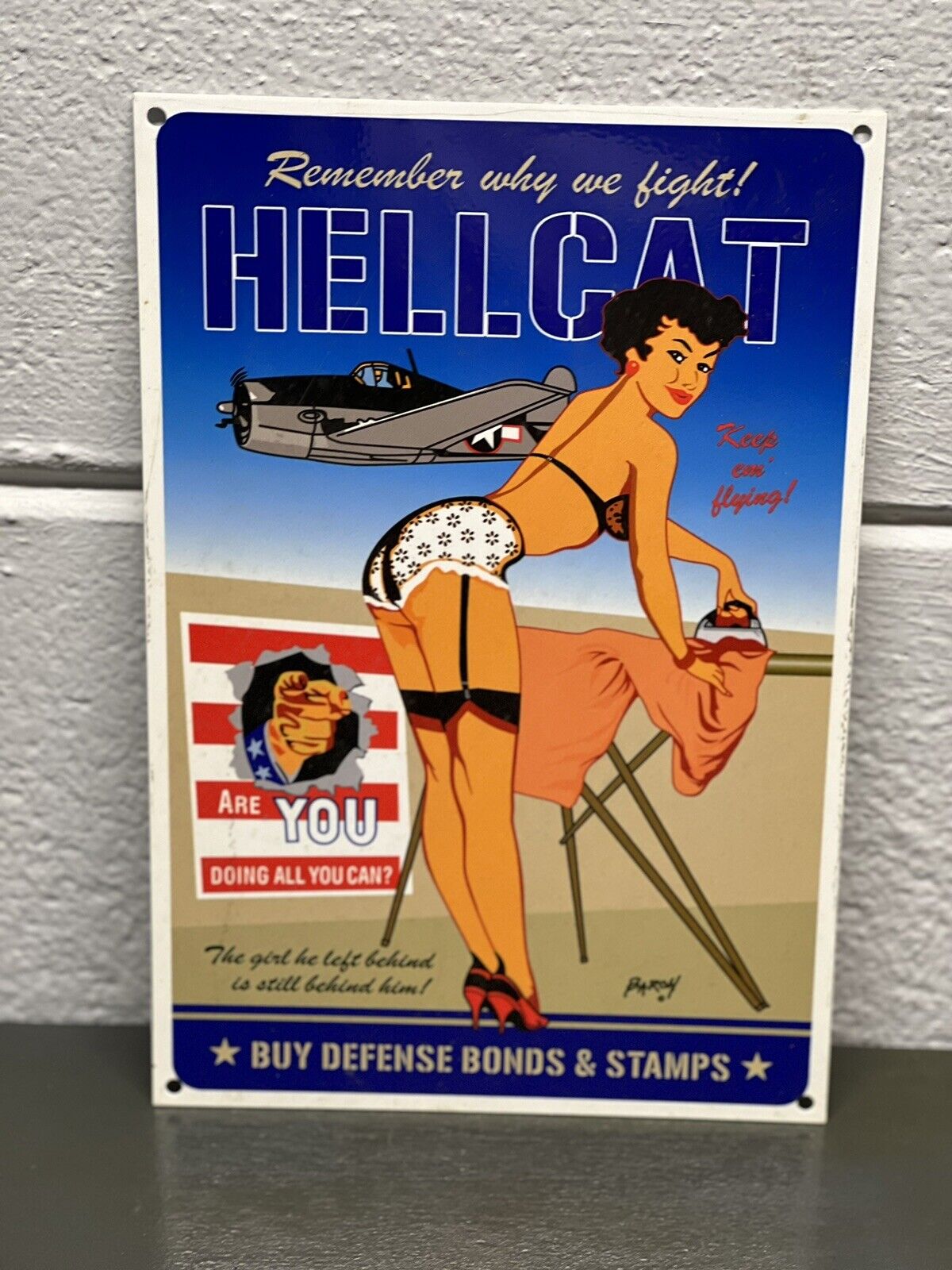 Hellcat Bonds Stamps Metal Sign Pin Up America Post Office Airplane Helicopter