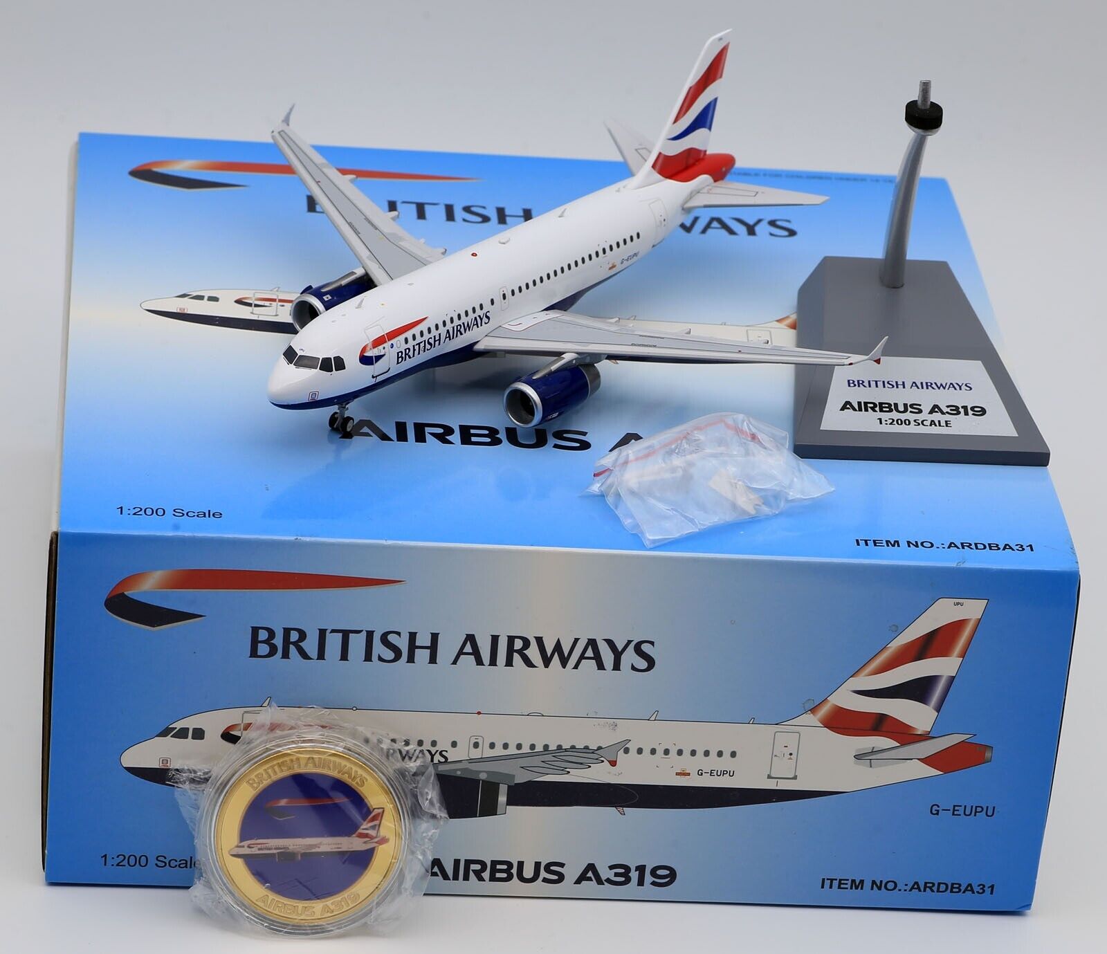 ARD 1:200 British Airways Airbus A319 Diecast Aircraft Model G-EUPU with coin
