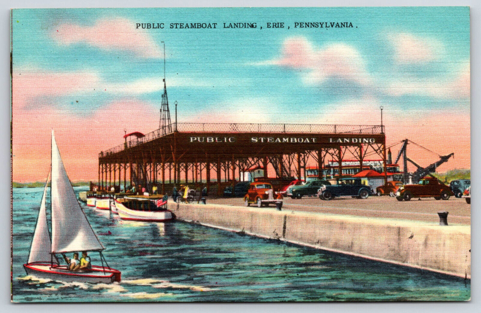 Original Vintage Antique Postcard Public Steamboat Landing Boats Cars Erie, PA