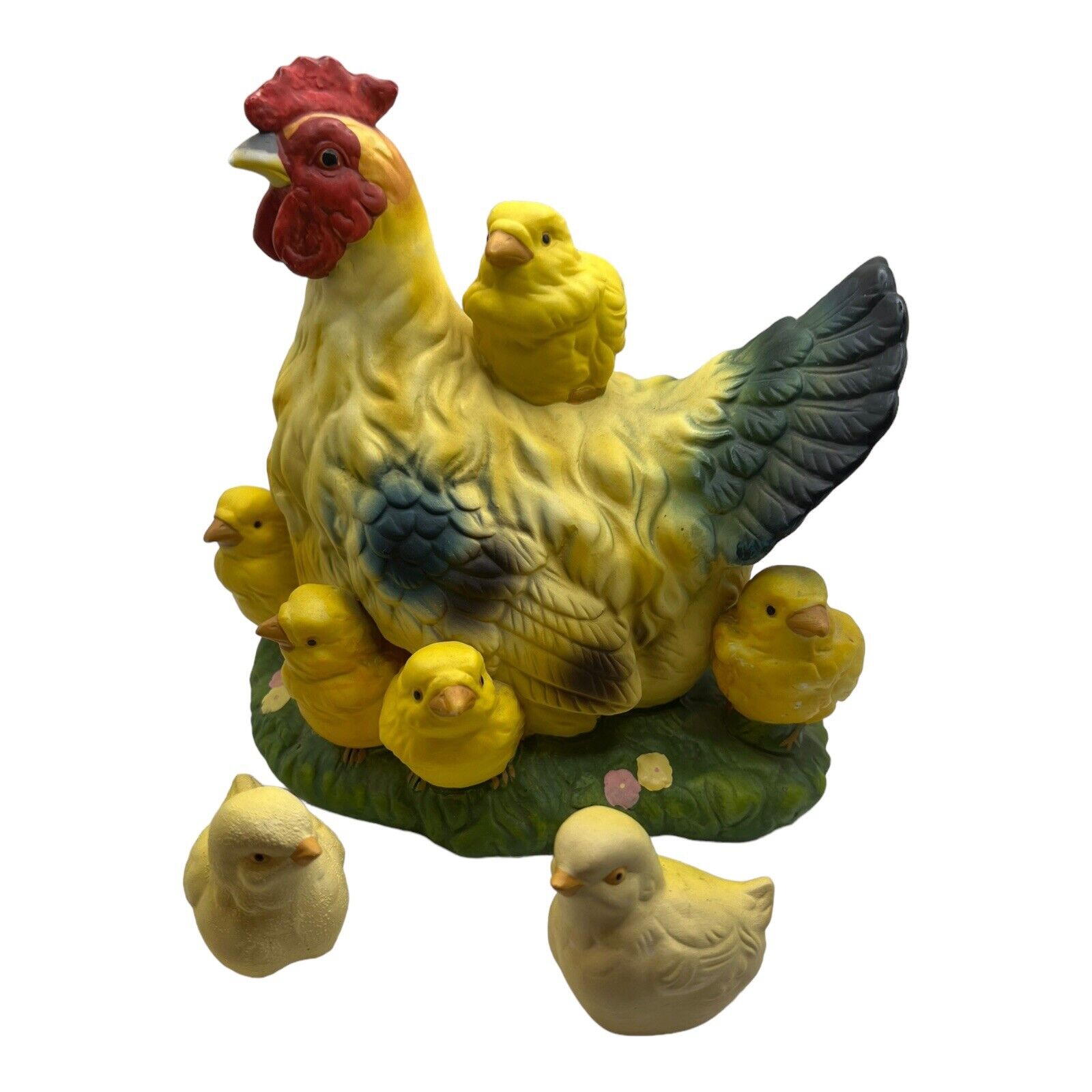 Vintage Ceramic Multicolored Hen With Yellow Chicks Figurine 7” Tall 6.5” Long