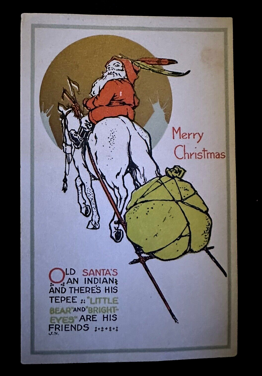 Santa Claus~Indian Native American Feathers~Headress Christmas Postcard~h779